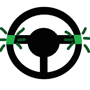 A simple black steering wheel with the 9 o'clock and 3 o'clock positions highlighted green, with darker emphasis marks around them.